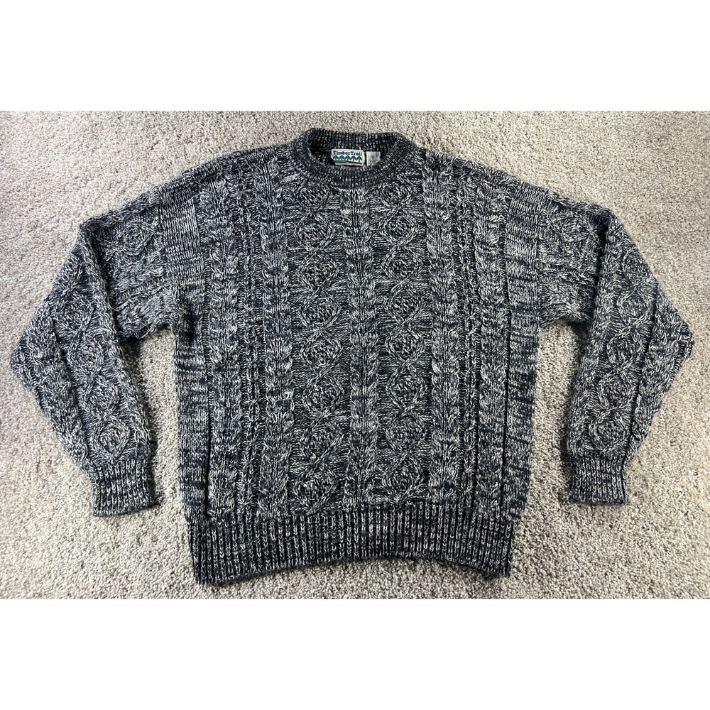 Vintage Timber Trail Mens XL Cable Knit Sweater Navy White Marled Crewneck